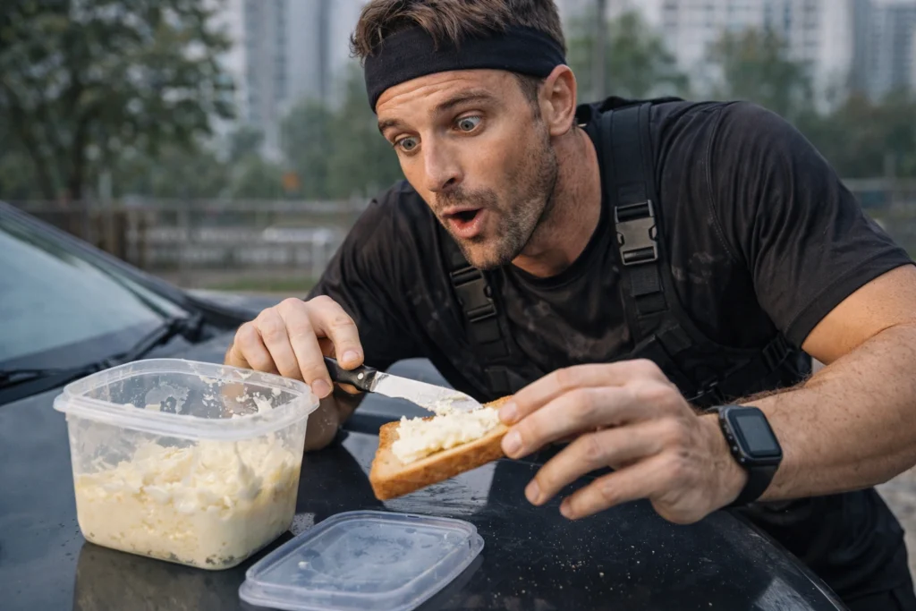 Corredor untando una tostada con mantequilla improvisada tras completar el Butter Run.