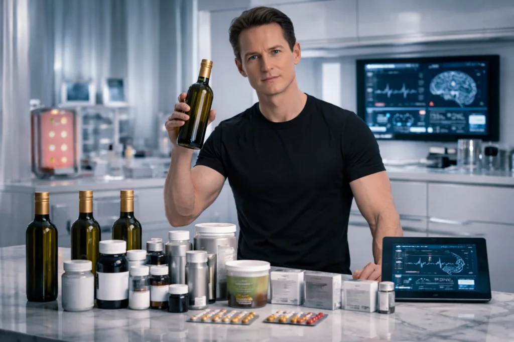 La terrorífica dieta de Bryan Johnson: 100 pastillas al día, sangre de su hijo y aceite chileno para no envejecer 4 Bryan Johnson presentando aceite premium y suplementos de Blueprint en una cocina-laboratorio con estética de tienda futurista.