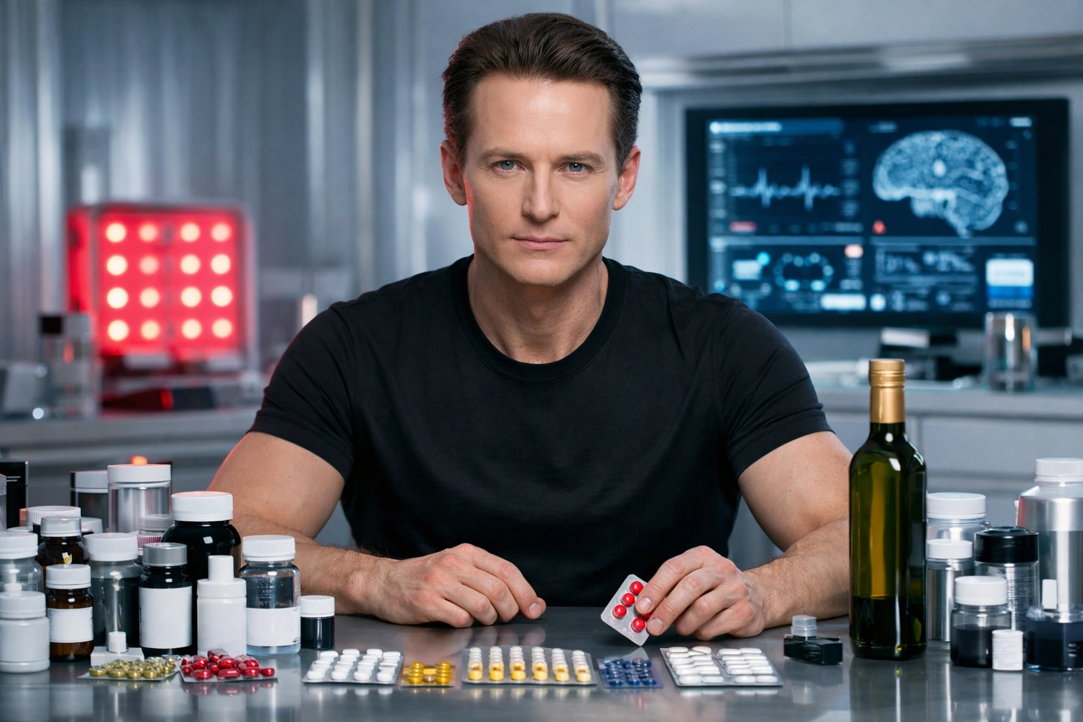 Bryan Johnson en su laboratorio doméstico de lujo rodeado de pastillas, pantallas médicas y aceite premium en su dieta extrema.