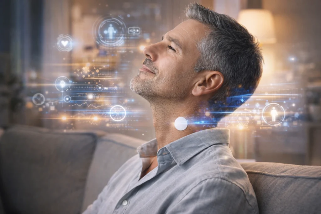 Hombre con un parche en el cuello rodeado de efectos futuristas como si estuviera actualizando su cuerpo.