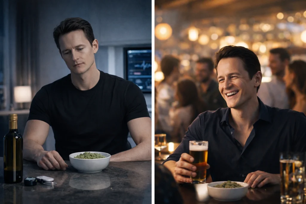 La terrorífica dieta de Bryan Johnson: 100 pastillas al día, sangre de su hijo y aceite chileno para no envejecer 5 Contraste de la dieta de Bryan Johnson: solo con puré y sensores frente a una versión más feliz en un bar rodeado de gente.