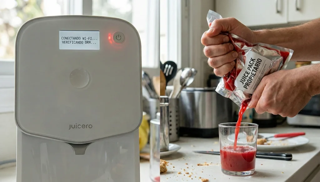 Inicio de fracaso Juicero pantalla de exprimidor diciendo "Conectando Wi-Fi... Verificando DRM...". Al lado, unas manos exprimen rápidamente una bolsa roja de "Juice pack propietario" llenando un vaso.