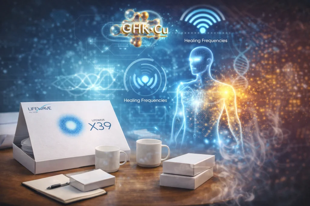 Caja de parches LifeWave X39 rodeada de gráficos pseudocientíficos, frecuencias y silueta humana con estética futurista.