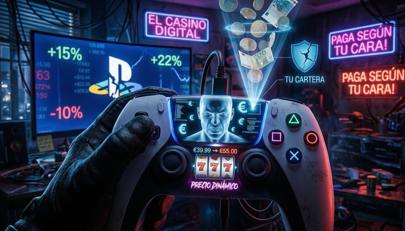 Mando de consola convertido en máquina tragaperras escaneando a un jugador, ilustrando el sablazo de los precios dinámicos ps5.