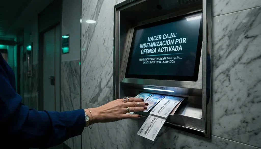 Mano recogiendo billetes de demandas de un cajero automático en una clínica médica, como metáfora del negocio tras la polémica de Jessica Yaniv en el ginecólogo.