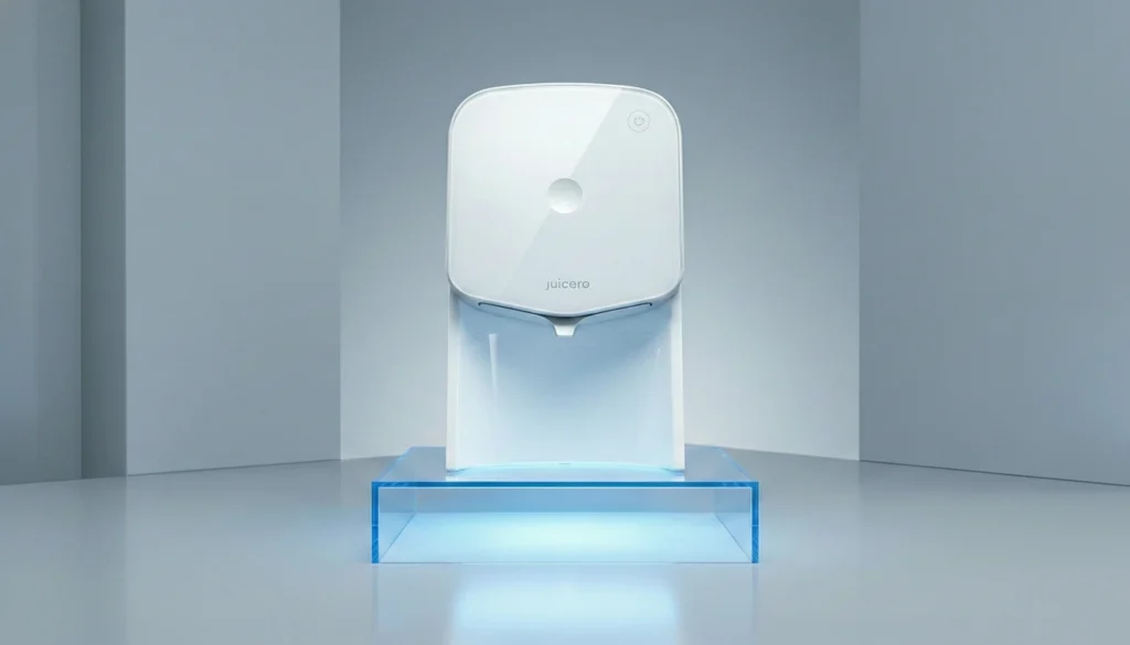 Exprimidor blanco moderno sobre un pedestal iluminado.