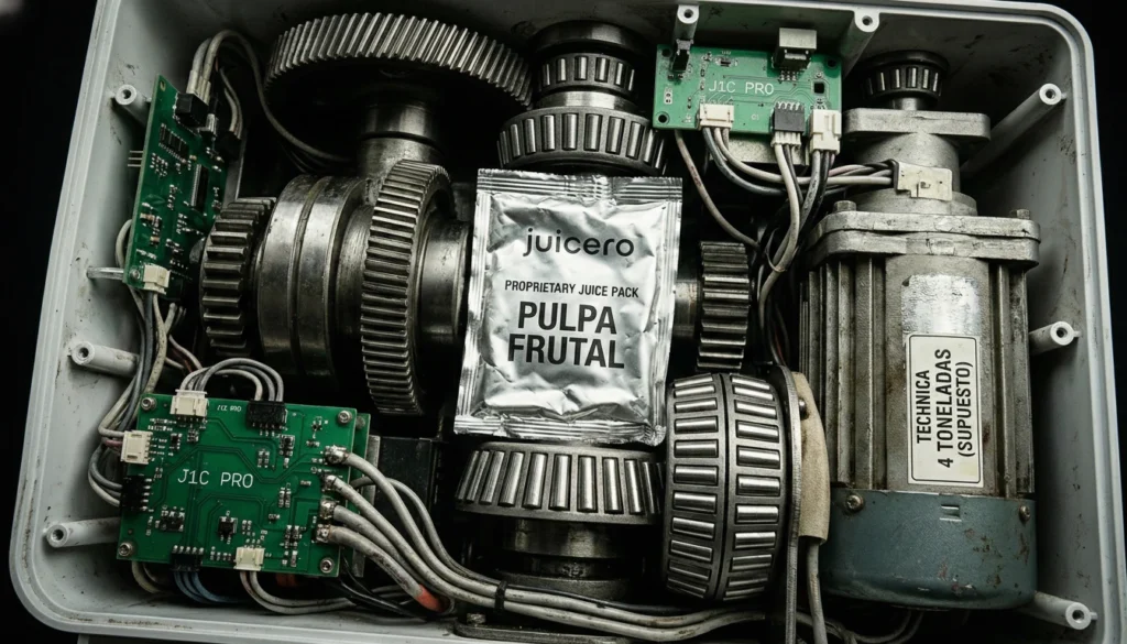 Interior destripado de un electrodoméstico mostrando engranajes mecánicos de acero, cables y un gran motor industrial con una etiqueta que dice "Técnica 4 toneladas (supuesto)