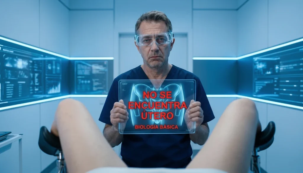 Doctor exhausto mostrando un holograma médico con el texto no uterus found, representando la surrealista visita de Jessica Yaniv en el ginecólogo.