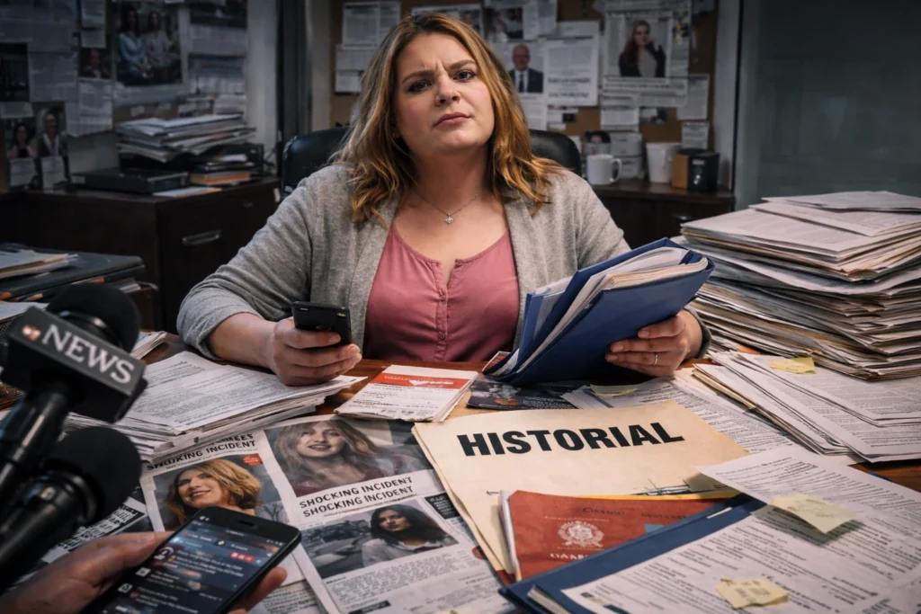 Persona trans rodeada de expedientes, recortes y documentos en un despacho caótico que simboliza un historial de polémicas