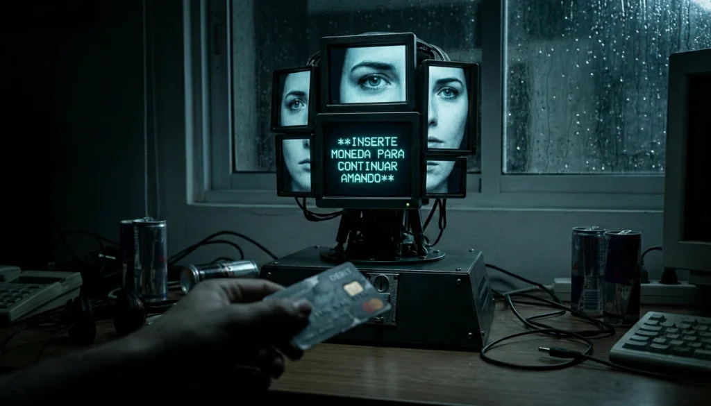 Robot WeHead pidiendo tarjeta de crédito para continuar amando, representando la monetización de las Novias IA.