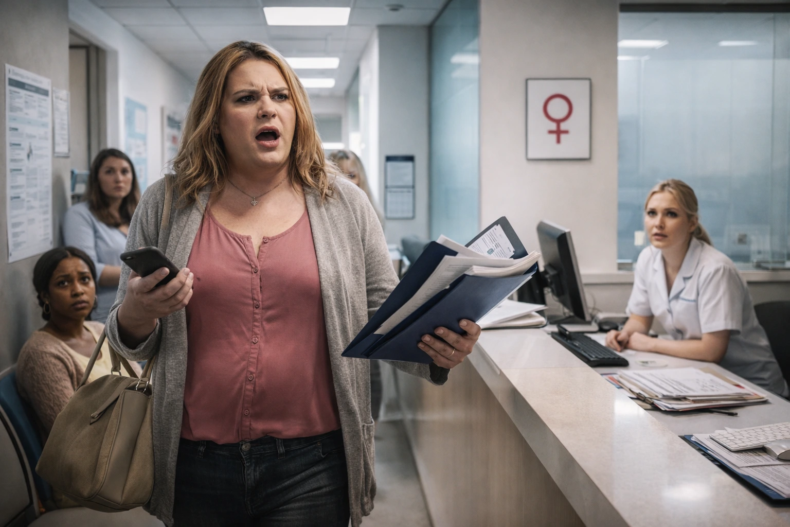 Persona trans en la recepción de una clínica ginecológica con papeles en la mano en una escena de tensión y polémica