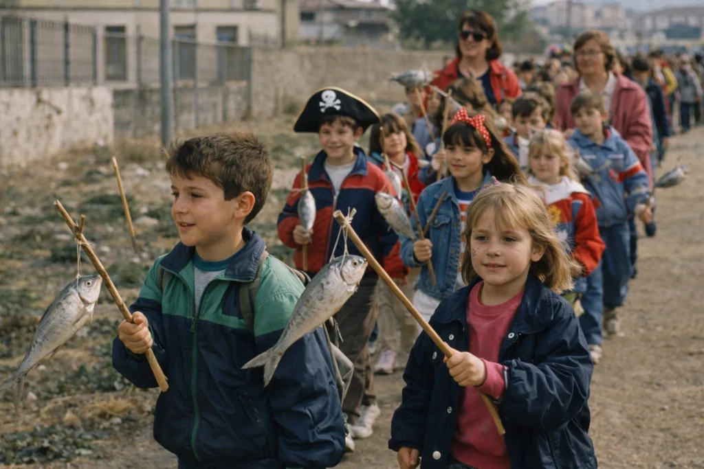Escolares saliendo del colegio con sardinas en un palo para celebrar el entierro de la sardina
