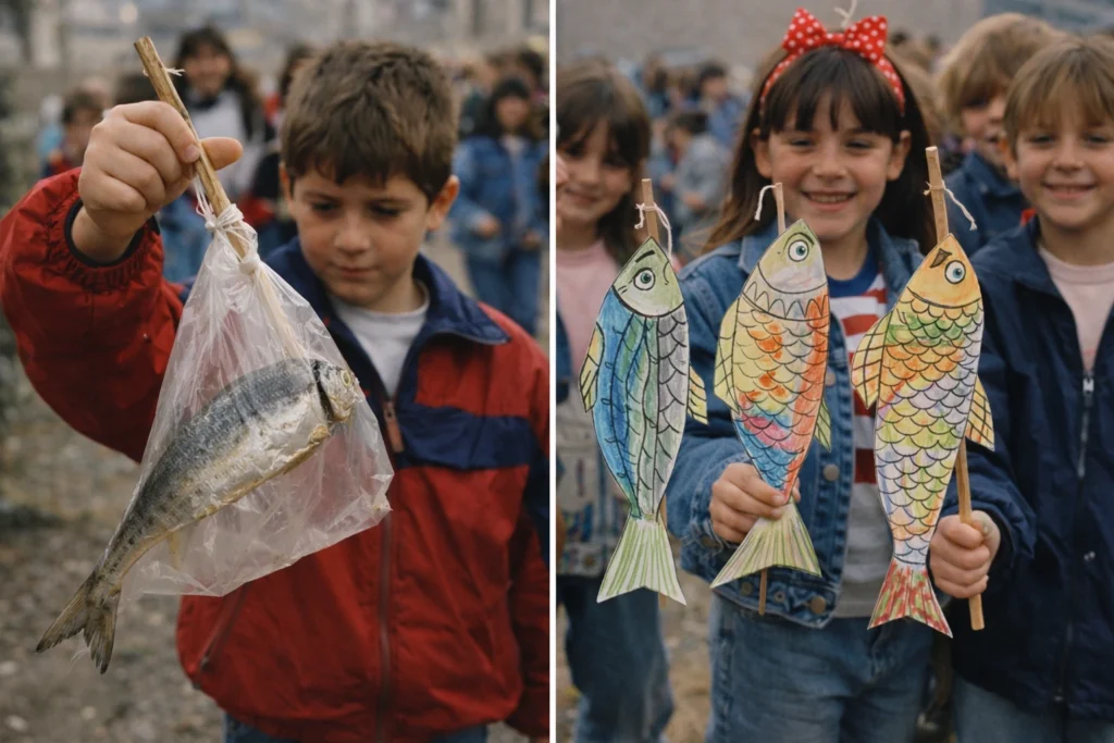 Comparación entre una sardina real y sardinas de papel en la evolución del entierro de la sardina escolar