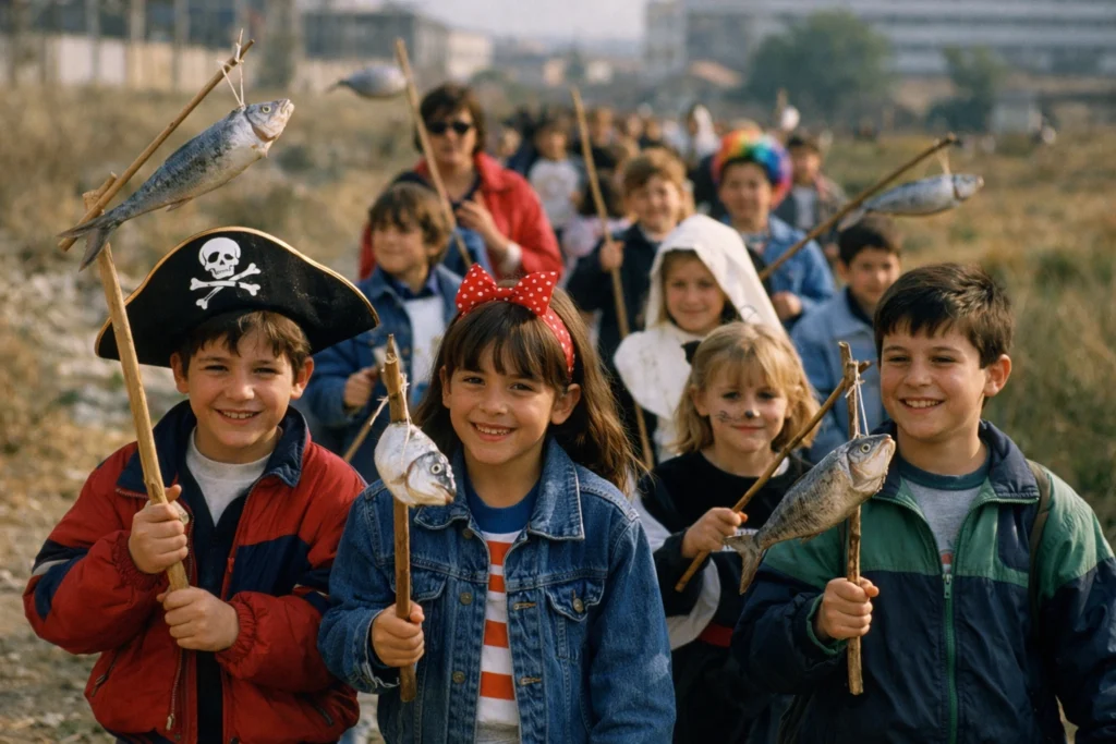 Niños de colegio caminando con sardinas colgadas de palos durante el entierro de la sardina