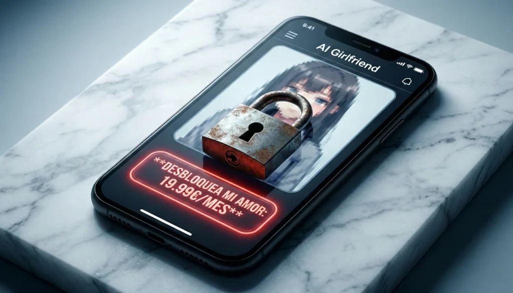Muro de pago en móvil para desbloquear el amor de una Novia IA por una suscripción de 19,99€ al mes.