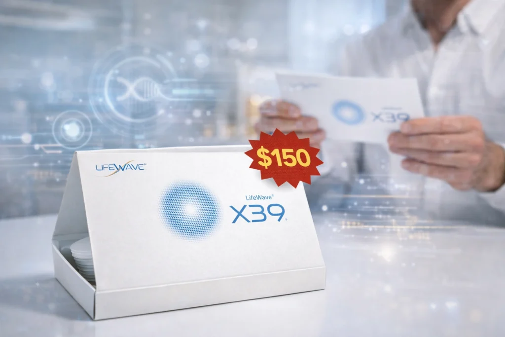Caja de parches LifeWave X39 presentada con estética tecnológica y precio destacado de 150 dólares.