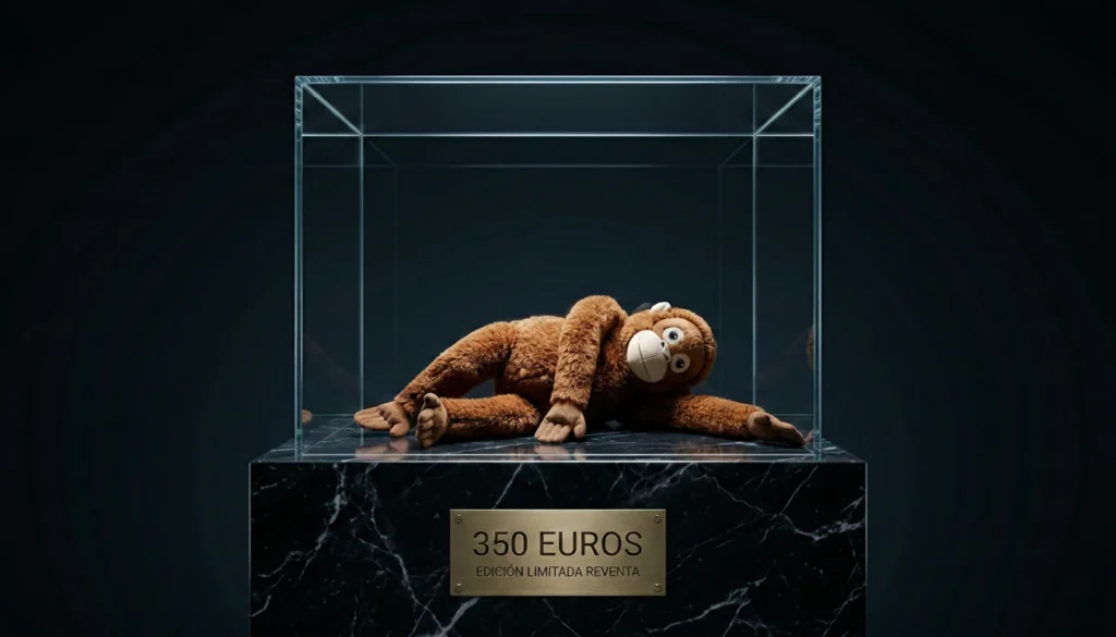 El peluche DJUNGELSKOG de IKEA exhibido como una joya en una vitrina de lujo con una placa de 350 euros.