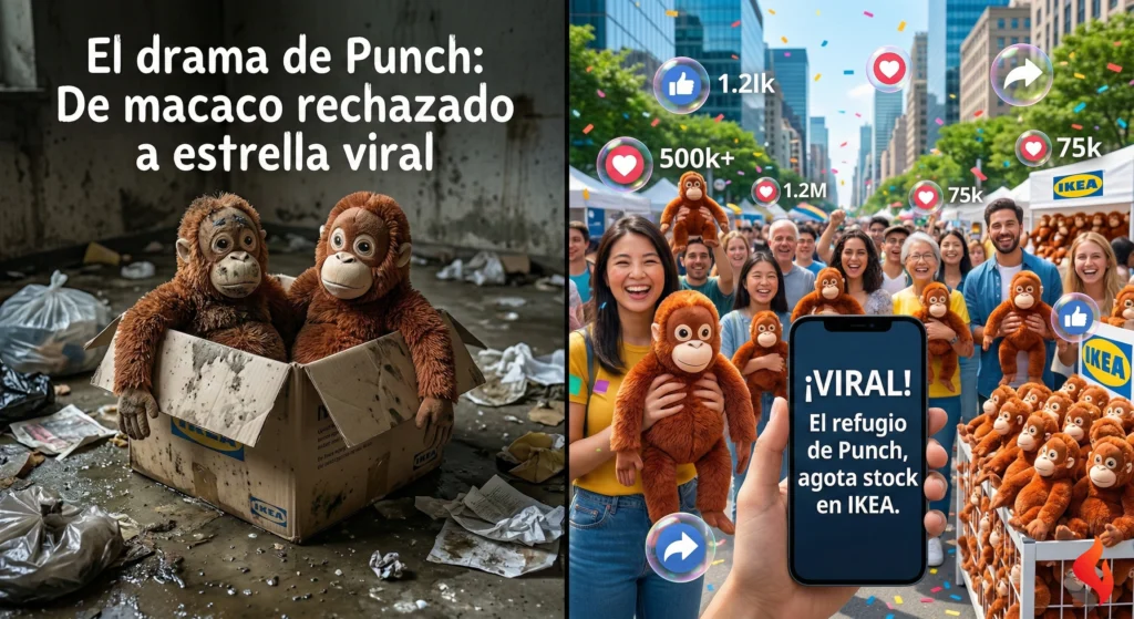 Composición fotográfica dividida que muestra a la izquierda dos peluches de orangután de IKEA abandonados en una caja sucia con el texto 'El drama de Punch', y a la derecha una multitud celebrando con peluches nuevos, burbujas de likes de redes sociales y un móvil con el mensaje '¡VIRAL! El refugio de Punch agota stock en IKEA'.