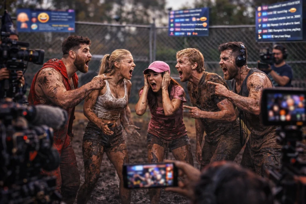 Concursantes cubiertos de barro gritándose en un recinto exterior mientras cámaras y pantallas de chat retransmiten el caos.