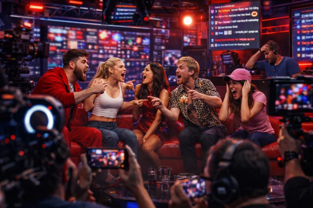 Participantes de un reality de streamers discutiendo en un sofá rojo dentro de un plató con neones, cámaras y pantallas de chat al fondo.