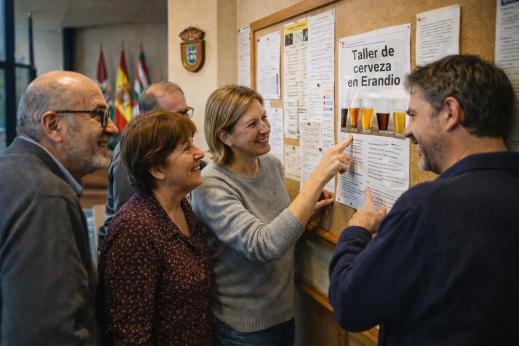 Vecinos mirando con interés el anuncio de un taller municipal de cerveza en Erandio