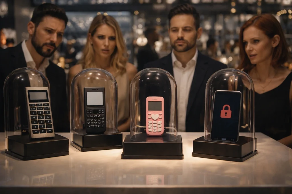 Varios teléfonos minimalistas y capados expuestos como objetos de lujo en una mesa de diseño.