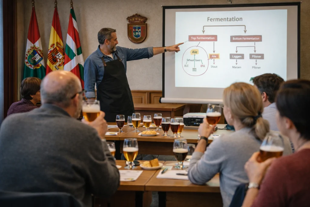 Profesor mostrando tipos de fermentación en un curso municipal de cerveza mientras los asistentes prueban varias cañas