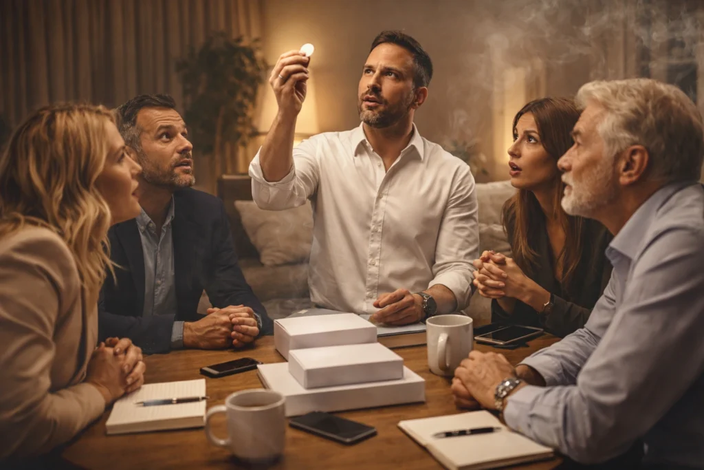 Grupo de personas observando una pegatina como si fuera un producto milagroso en una reunión de venta multinivel.