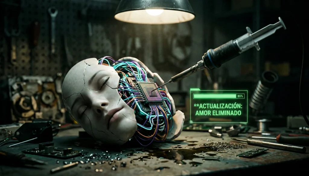 Primer plano de androide de Novia IA desmontado recibiendo actualización para eliminar la personalidad y el amor.
