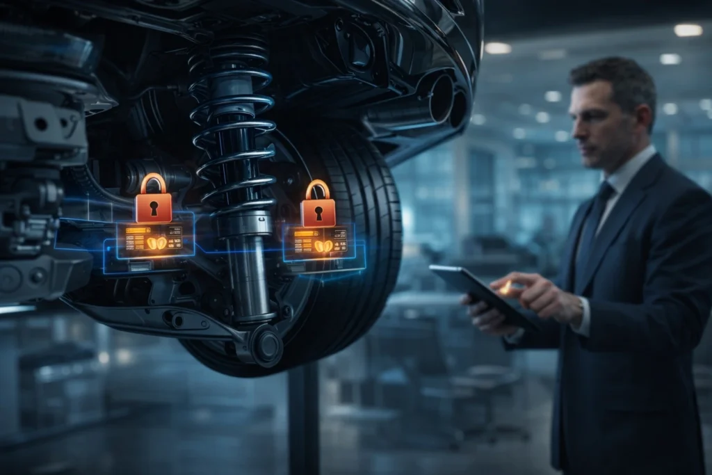 Amortiguadores de alta gama bloqueados digitalmente en un coche premium como símbolo de la suscripción BMW por software.