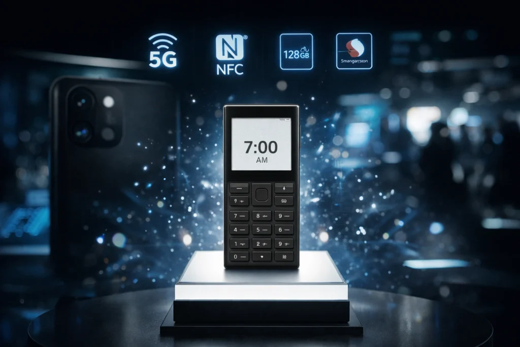 Teléfono minimalista de lujo con especificaciones avanzadas usado solo para funciones básicas.