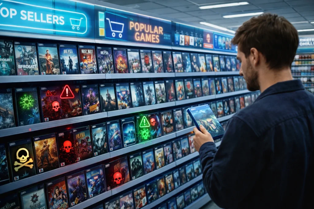 FBI investiga Steam: la tienda donde el malware te llega en un parche 5 Cliente mirando una caja de videojuego en una tienda tipo supermercado mientras se esconden símbolos de virus entre los productos.