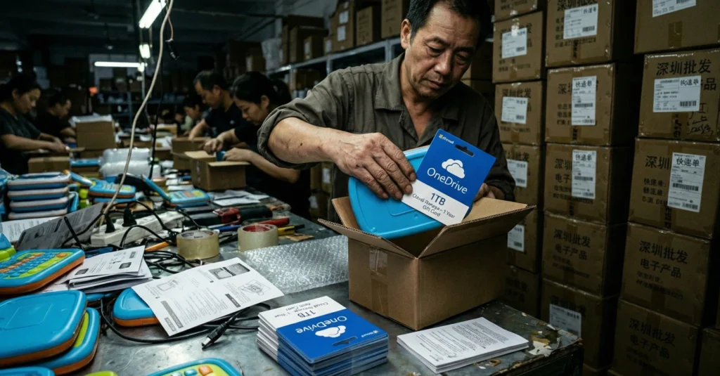Trabajador en mercado gris ensamblando los componentes de la trampa portátiles Amazon.