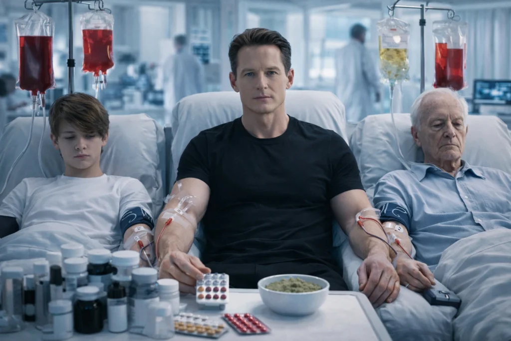 La terrorífica dieta de Bryan Johnson: 100 pastillas al día, sangre de su hijo y aceite chileno para no envejecer 3 Bryan Johnson en una clínica privada durante su polémico experimento de plasma junto a su hijo y su padre.