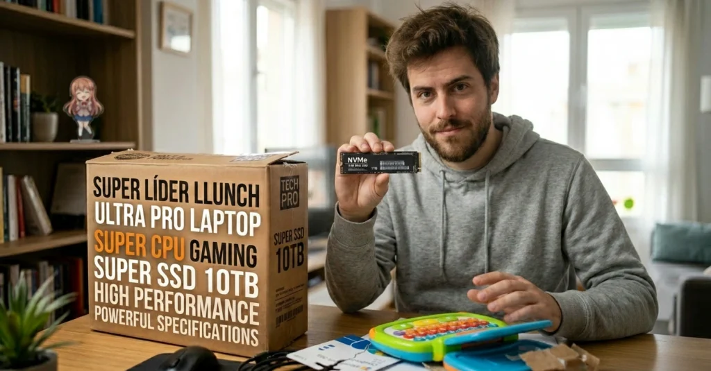 Chico mostrando un disco SSD físico como alternativa real a la trampa portátiles Amazon.