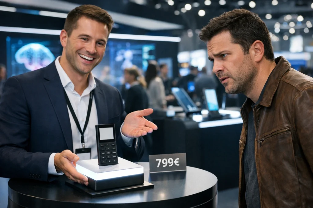 Hombre incrédulo ante un móvil tonto minimalista carísimo en una feria tecnológica futurista.