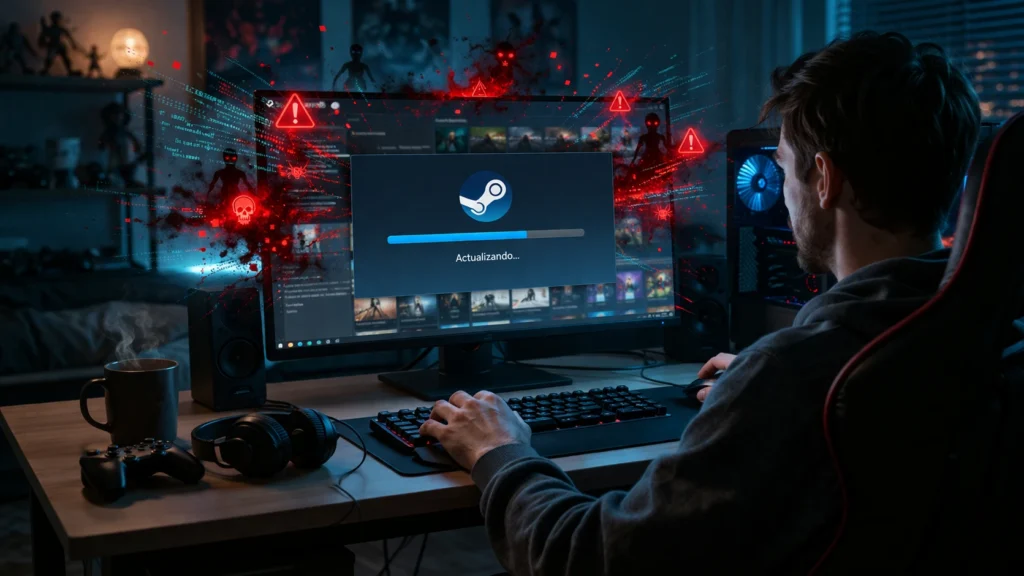 FBI investiga Steam: la tienda donde el malware te llega en un parche 4 Jugador frente al PC mientras una actualización de Steam deja ver señales inquietantes de malware en la pantalla.
