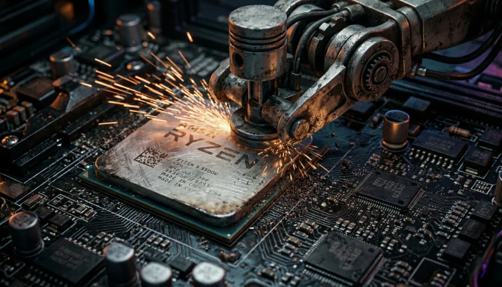 Brazo mecánico industrial lijando y soltando chispas sobre un procesador Ryzen 5 5500U para borrar su serigrafía original.