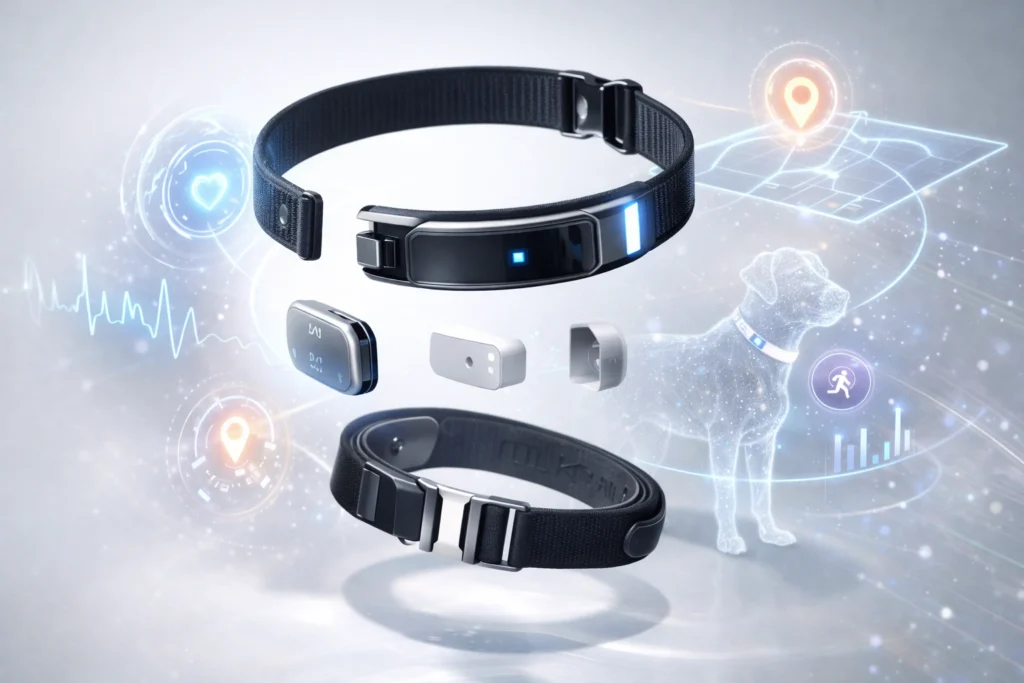 Collar traductor para perros desmontado mostrando sensores, GPS y funciones de IA con estética futurista exagerada.
