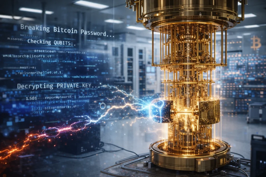 Ordenador cuántico realista de color dorado en una sala estéril ejecutando procesos criptográficos para romper la seguridad de Bitcoin, rodeado de código digital y energía luminosa.