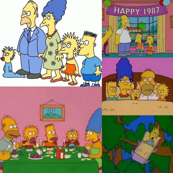 Un collage de cinco imágenes que muestra a los personajes de Los Simpson con su estilo de animación original y tosco de 1987. Las escenas incluyen a la familia posando junta, celebrando el año nuevo y cenando con rasgos faciales exagerados.