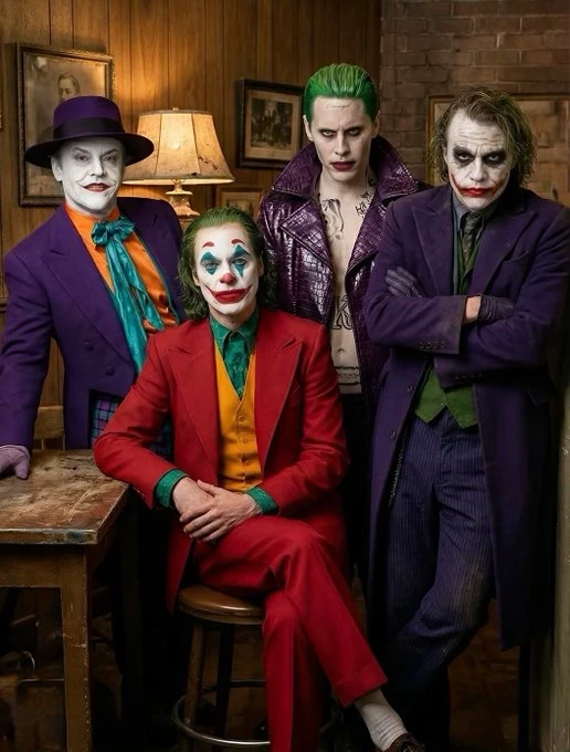 Cuatro versiones icónicas del Joker de diferentes películas posan juntas en una habitación rústica con sus trajes característicos. Se muestran las interpretaciones de Jack Nicholson, Joaquin Phoenix, Jared Leto y Heath Ledger.