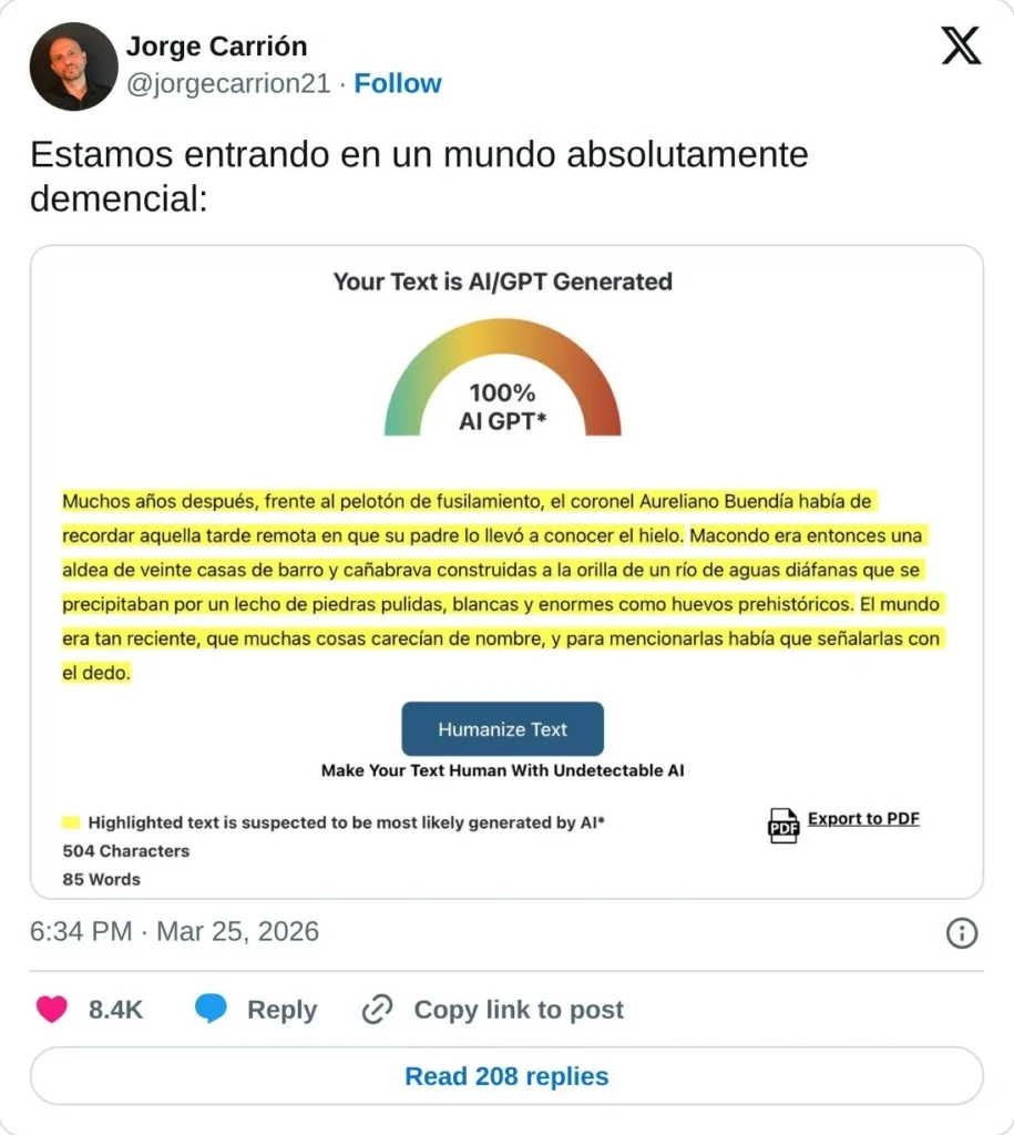 Pasan un texto de Gabriel García Márquez por un detector de IA y pasa esto: 1 error deteccion ia garcia marquez