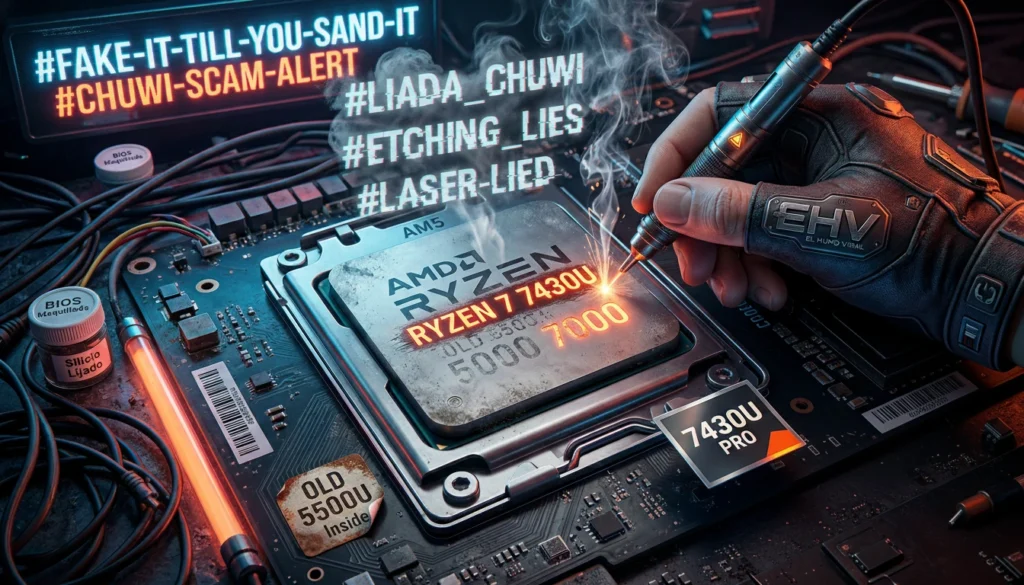 Mano con guante grabando con láser la matrícula de un Ryzen 5 7430U sobre un chip antiguo lijado en un taller clandestino.