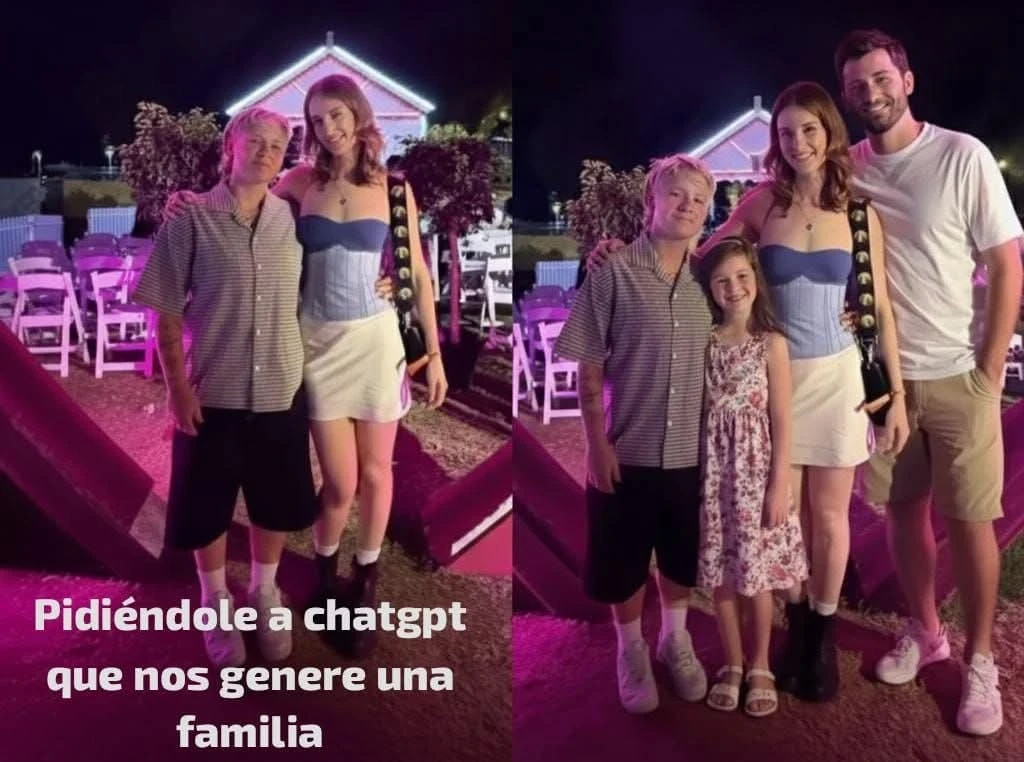 Comparativa de dos fotos de dos mujeres antes y después de usar IA para añadir a un hombre y una niña, simulando una familia. El texto inferior dice: 'Pidiéndole a chatgpt que nos genere una familia'.