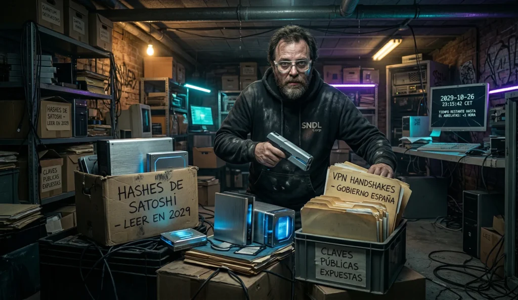 Hacker acumulando montañas de cajas físicas marcadas como hashes de Satoshi y handshakes en un sótano ciberpunk esperando a la computación cuántica Bitcoin 