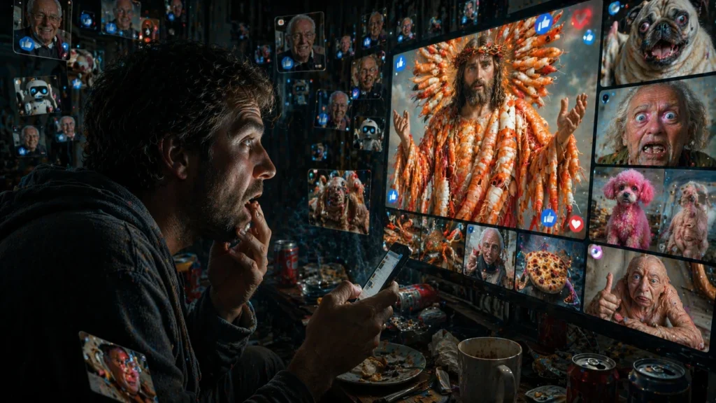 Un hombre mira con asombro una pantalla repleta de imágenes surrealistas generadas por inteligencia artificial, destacando un Jesús hecho de camarones. El entorno está saturado de iconos de redes sociales y rostros extraños, creando una atmósfera de caos digital.