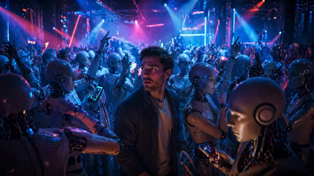 Un hombre con expresión de asombro y preocupación se encuentra rodeado de una multitud de robots humanoides en una discoteca futurista. La escena está iluminada por vibrantes luces de neón azules y rosas que crean una atmósfera de ciencia ficción.