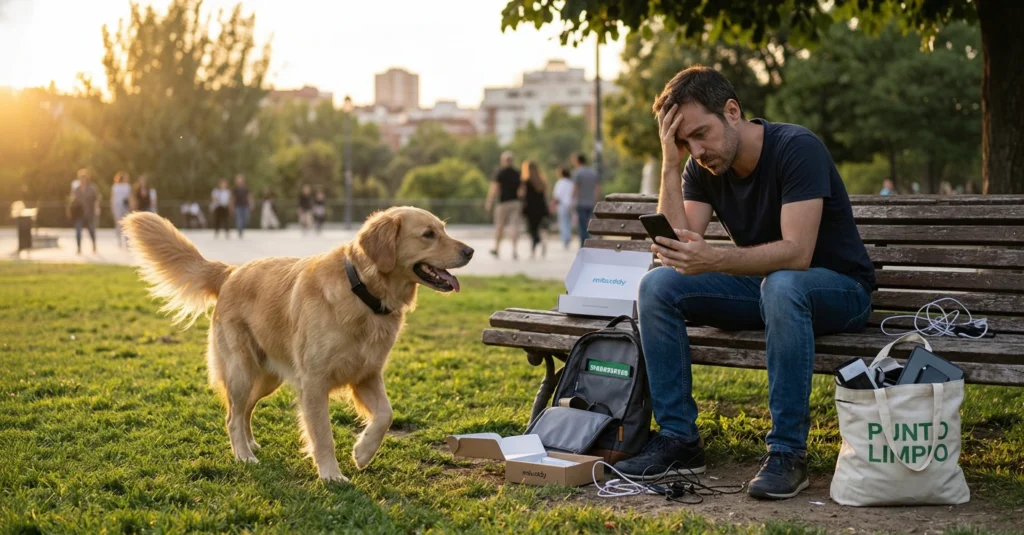 Dueño frustrado con su móvil por el apagón de los servidores del collar traductor para perros, mientras su mascota menea la cola feliz junto a la basura electrónica.