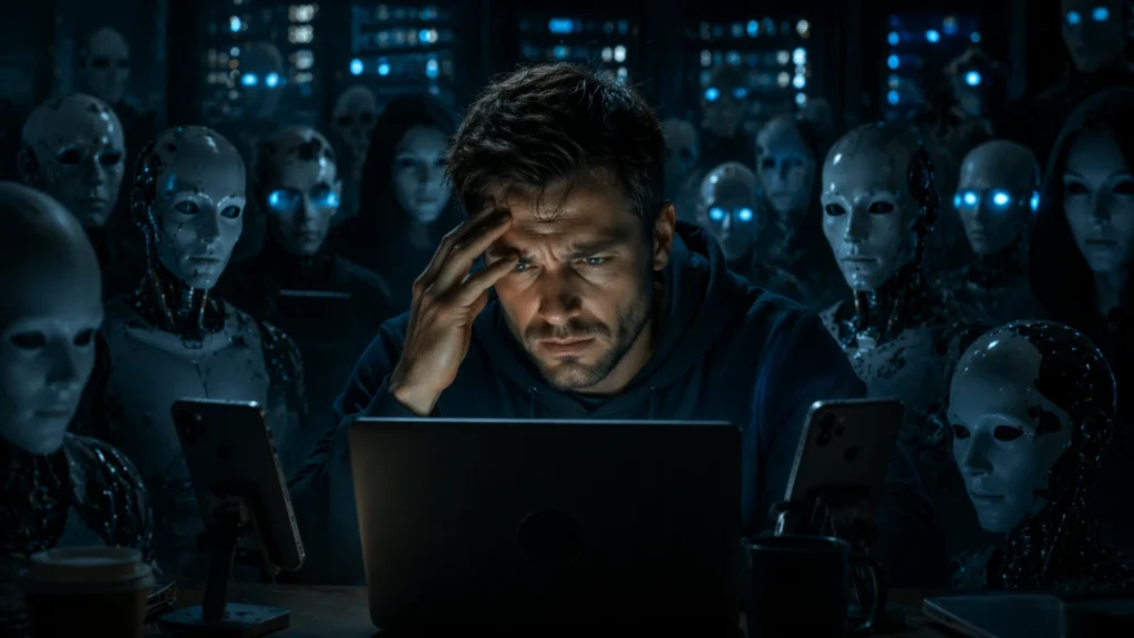 Un hombre abrumado sentado frente a una computadora portátil, rodeado por una multitud de robots del internet muerto con ojos azules brillantes en un entorno oscuro y tecnológico.